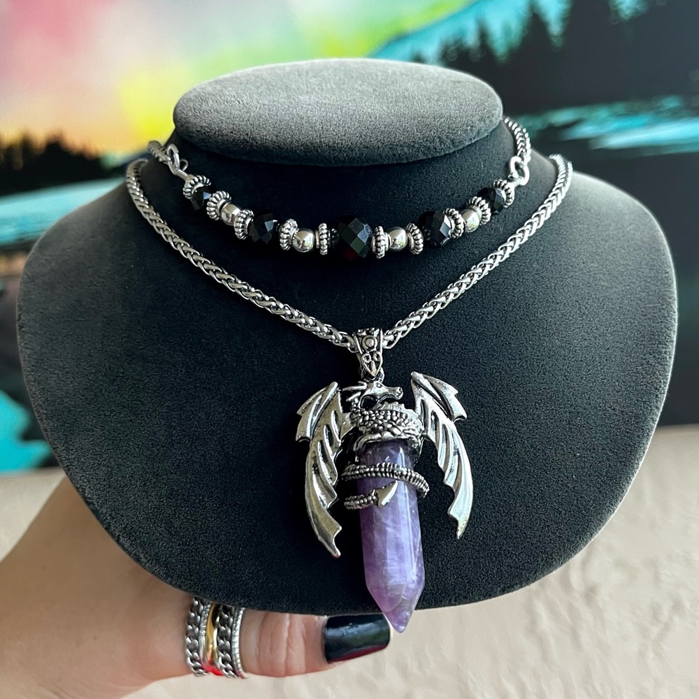 Set of two necklaces black crystal choker & dragon amethyst bullet necklace